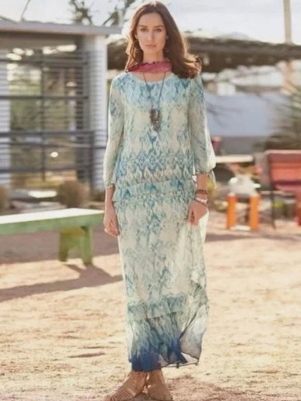 Sundance Maxi Dress Sz 6 Blue Ivory Silk Ikat Ruffled Tiered Drop Waist Size Zip - Picture 2 of 9